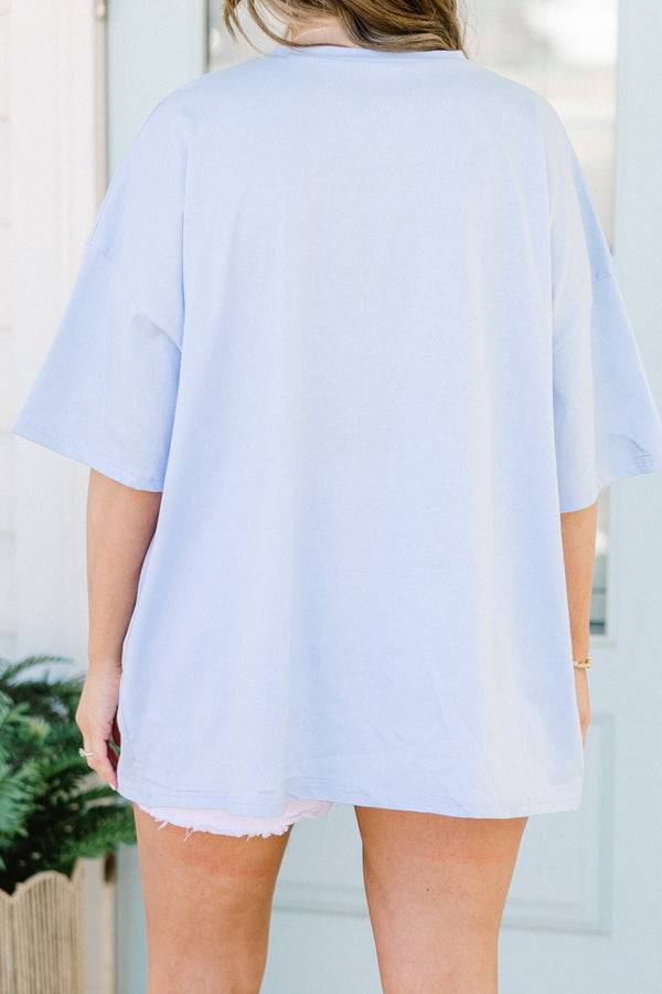 Chic Soul plus size clothing, ash blue short sleeve boyfriend tee with white and floral pattern bow
