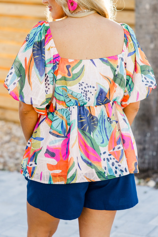 Chic Soul plus size clothing, short sleeve pink multi tropical floral print baby doll top with square neckline and puff sleeves