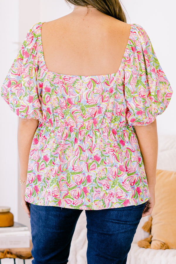 Chic Soul plus size clothing, short-puffed-sleeve pink abstract baby doll top with a square-neckline