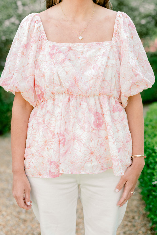 Chic Soul plus size clothing, pink floral print short sleeve peplum square neckline top with puff sleeves