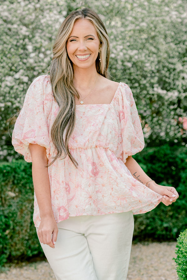 Chic Soul plus size clothing, pink floral print short sleeve peplum square neckline top with puff sleeves