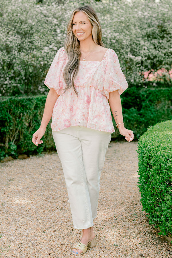 Chic Soul plus size clothing, pink floral print short sleeve peplum square neckline top with puff sleeves