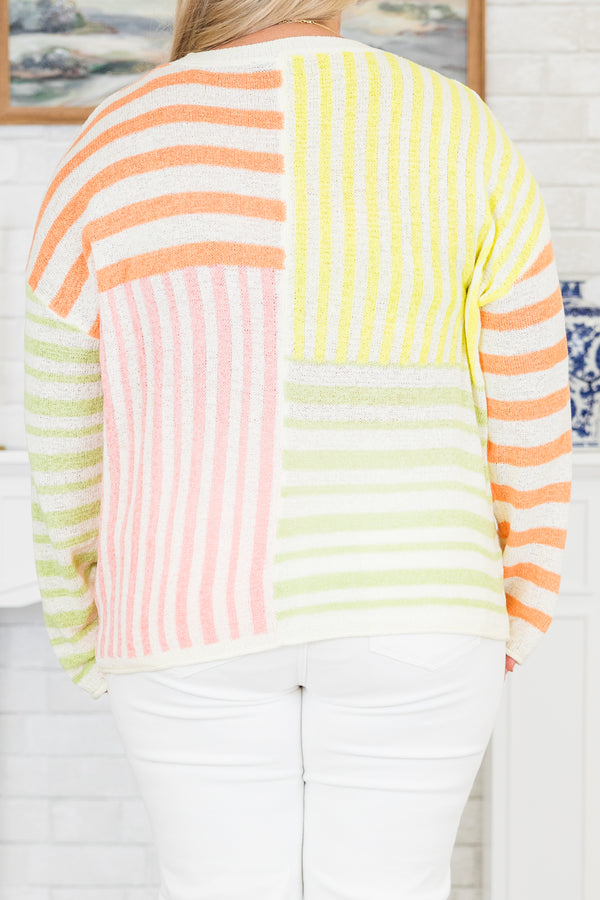 Chic Soul plus size clothing, lemon multicolored abstract stripe knit sweater with round neckline with orange/yellow/pink/green stripes