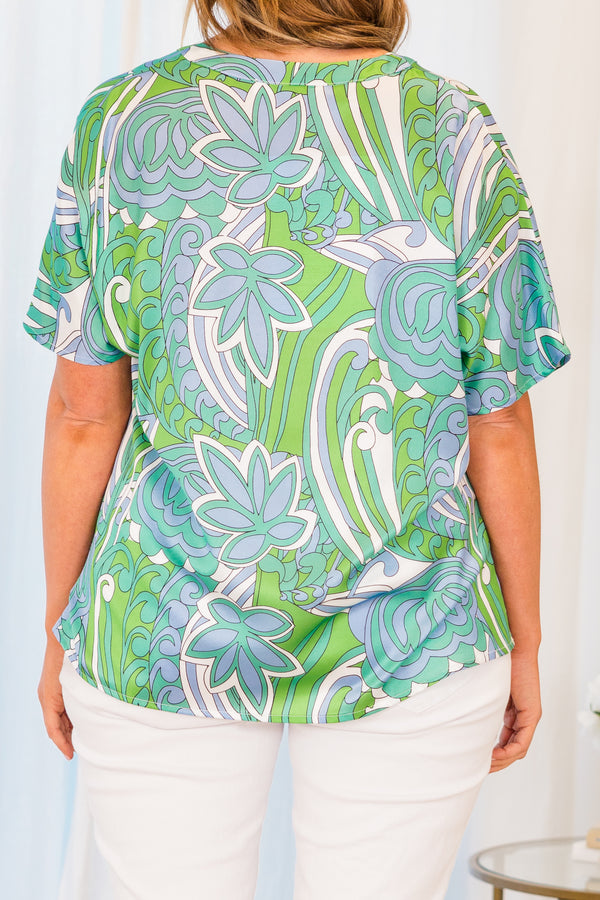 Chic Soul plus size clothing, green and blue paisley patterned short sleeve top