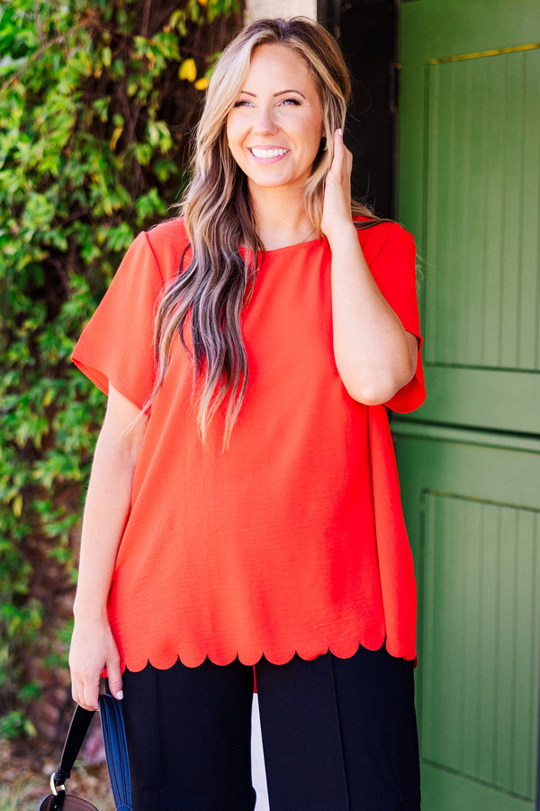 Chic Soul plus size clothing, hot coral short sleeve scallop edge top