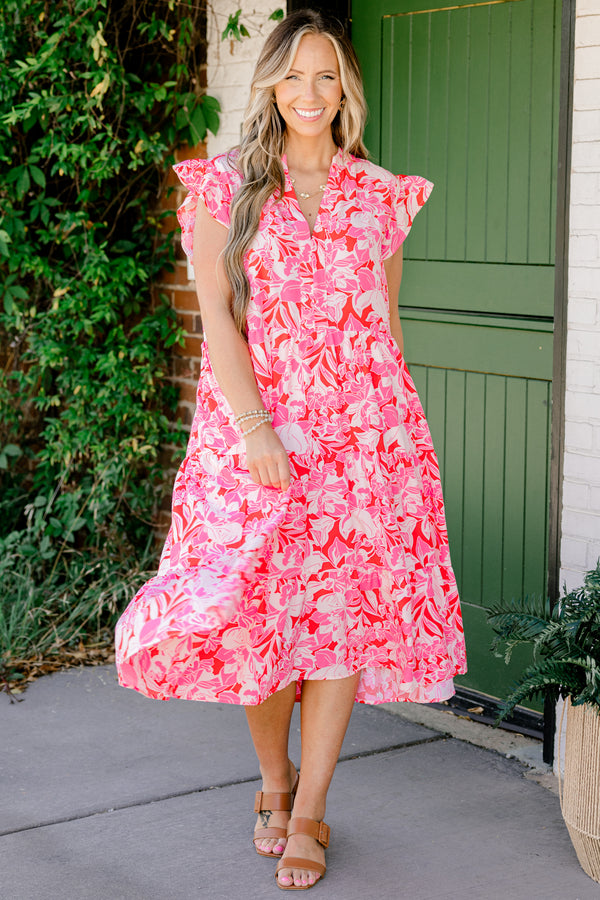 Chic Soul plus size clothing, pink tropical printed short sleeve midi dress with v cutout along neckline with ruffle sleeves and tiered detail
