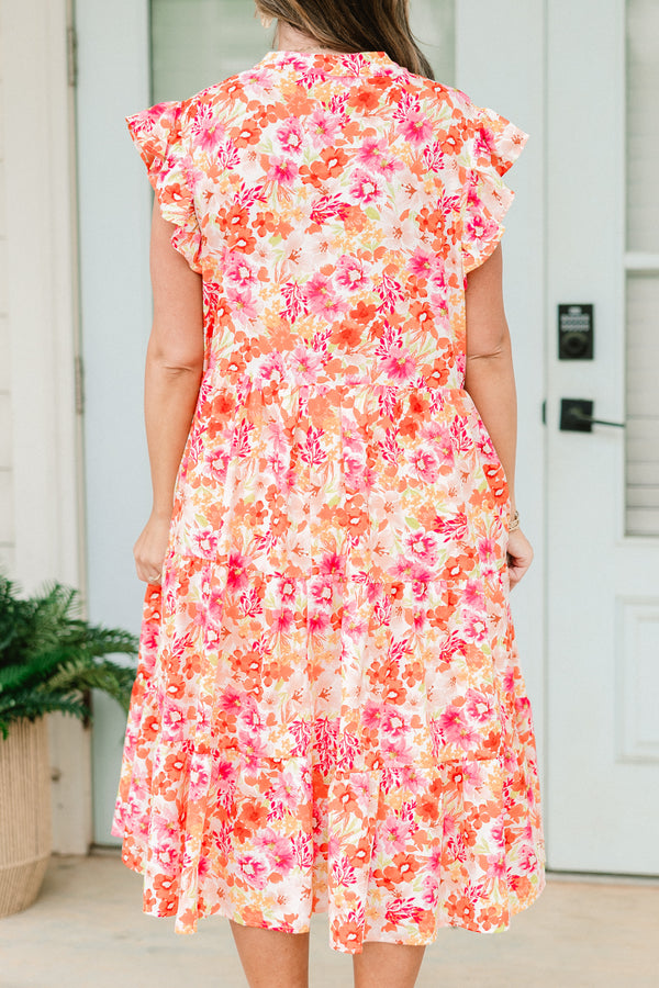 Chic Soul plus size clothing, pink and orange small floral pattern midi dress with ruffle sleeves 