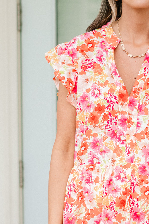 Chic Soul plus size clothing, pink and orange small floral pattern midi dress with ruffle sleeves 