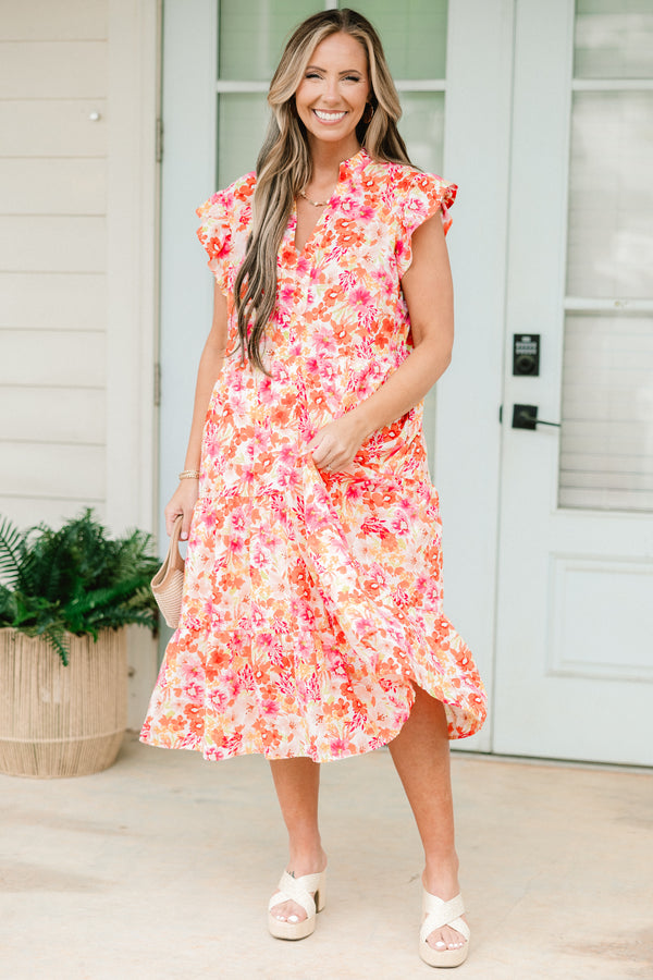 Chic Soul plus size clothing, pink and orange small floral pattern midi dress with ruffle sleeves 