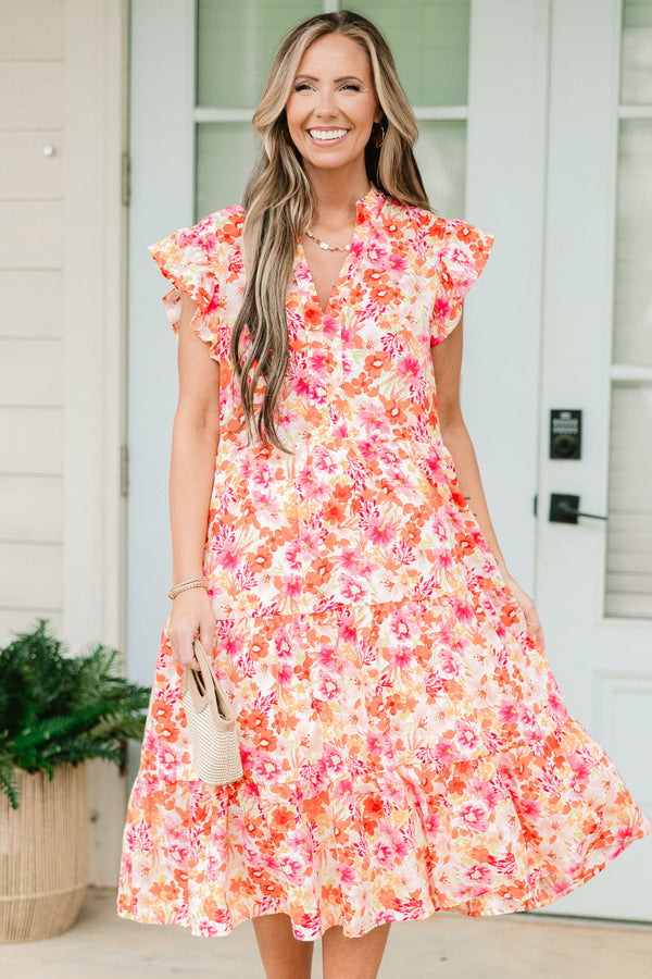 Chic Soul plus size clothing, pink and orange small floral pattern midi dress with ruffle sleeves 