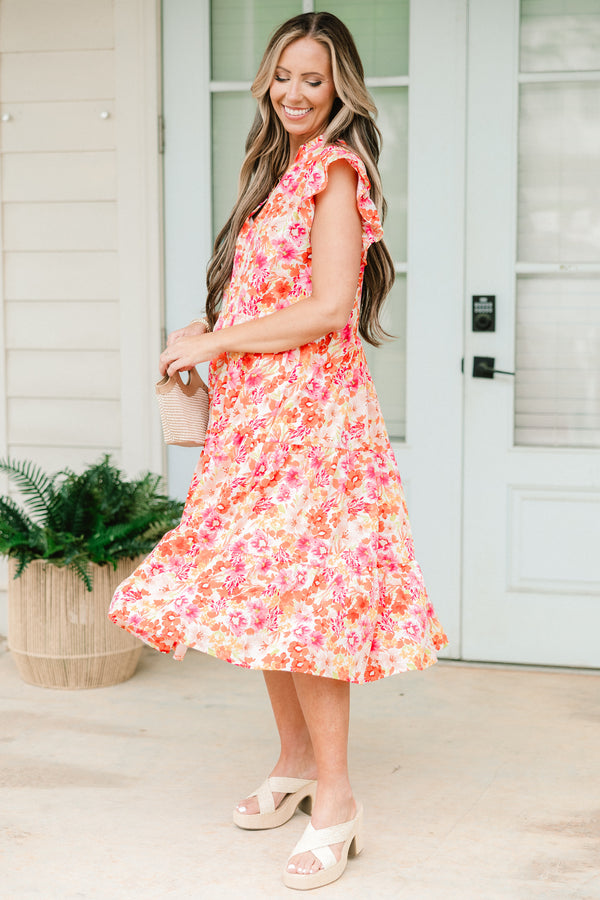 Chic Soul plus size clothing, pink and orange small floral pattern midi dress with ruffle sleeves 
