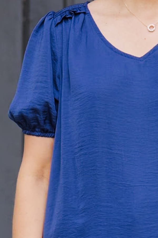 Chic Soul plus size clothing, navy short sleeve satin top with puff sleeves with v neckline