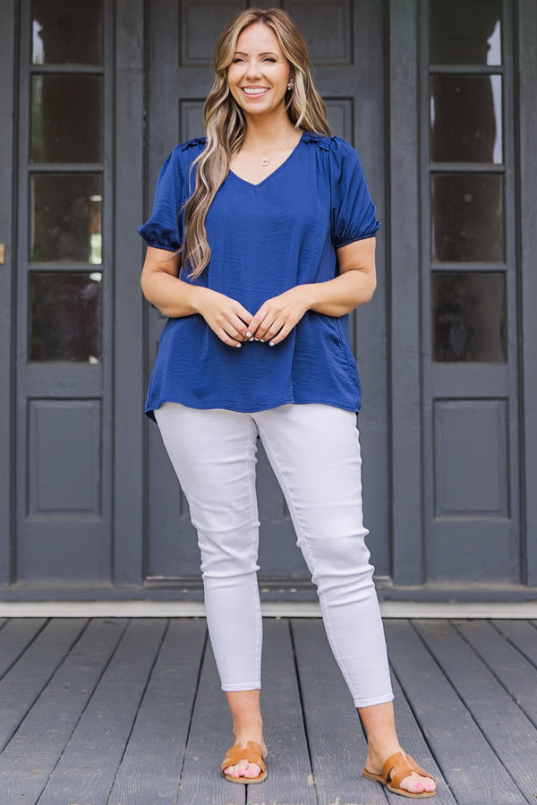 Chic Soul plus size clothing, navy short sleeve satin top with puff sleeves with v neckline