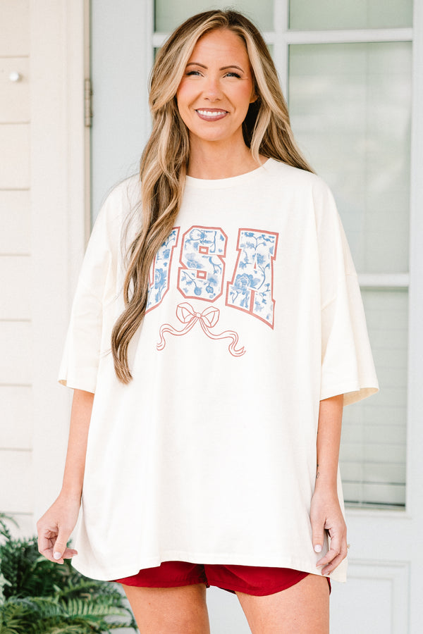 Chic Soul plus size clothing, short-sleeve ivory white drop-shoulder boyfriend tee with a red white and blue graphic lettering stating 