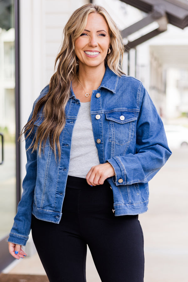 Chic Soul plus size clothing, long-sleeve blue denim jacket with collar and silver button detailing 