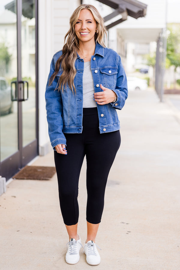Chic Soul plus size clothing, long-sleeve blue denim jacket with collar and silver button detailing 