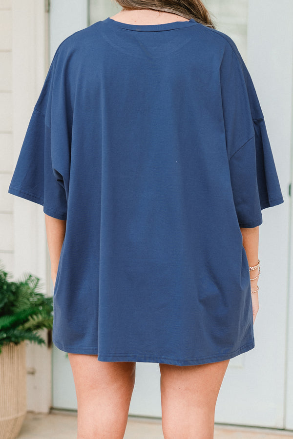 Plus Size navy oversized boyfriend tee with a red, white, and blue starry bow graphic.