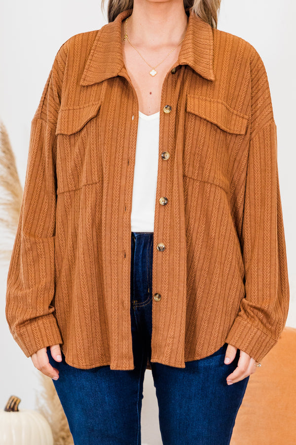 Chic Soul plus size clothing, brown long sleeve printed shacket with button up detail and collar with cuff sleeves and chest pockets