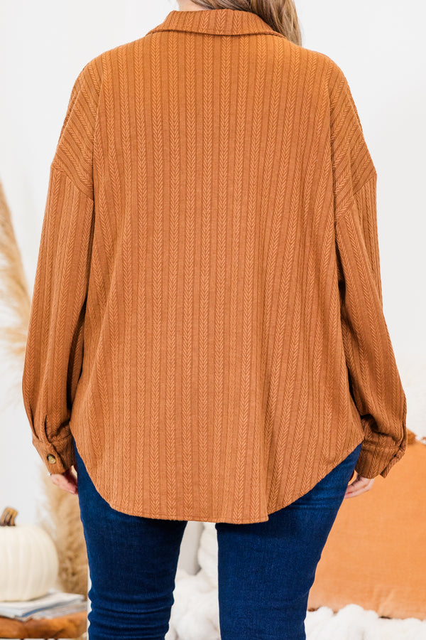 Chic Soul plus size clothing, brown long sleeve printed shacket with button up detail and collar with cuff sleeves and chest pockets