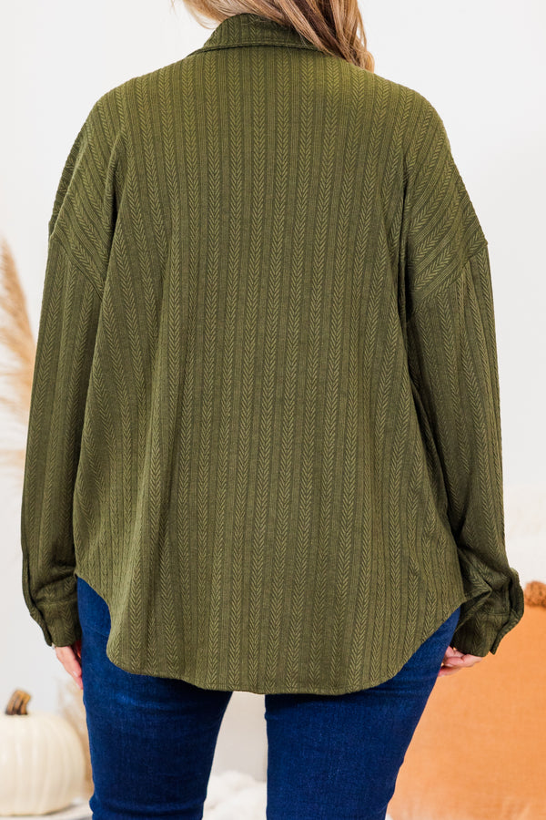Chic Soul plus size clothing, long-sleeve olive green collared buttoned shacket with small cable-knit lined detailing 