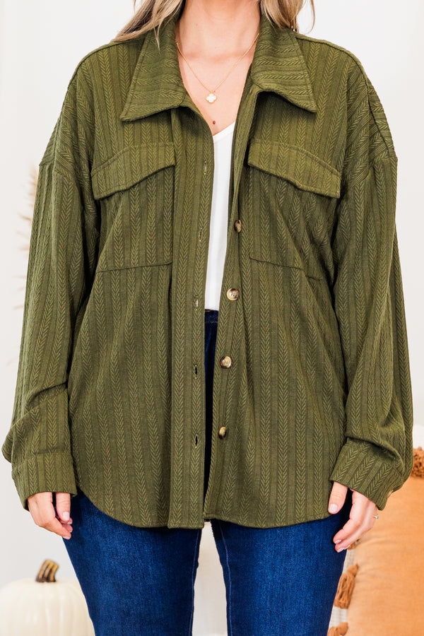 Chic Soul plus size clothing, long-sleeve olive green collared buttoned shacket with small cable-knit lined detailing 