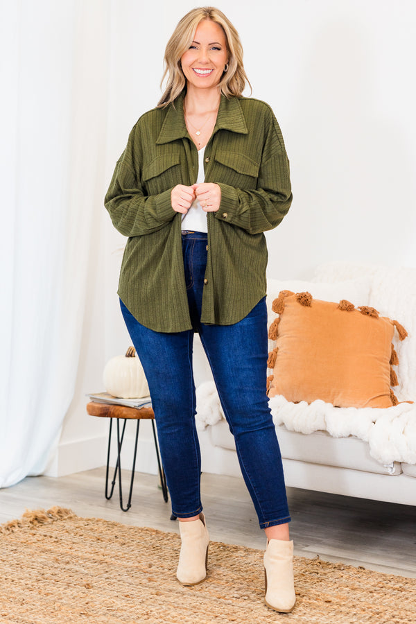 Chic Soul plus size clothing, long-sleeve olive green collared buttoned shacket with small cable-knit lined detailing 