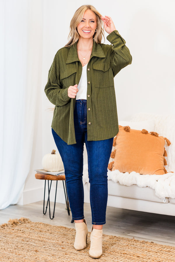 Chic Soul plus size clothing, long-sleeve olive green collared buttoned shacket with small cable-knit lined detailing 