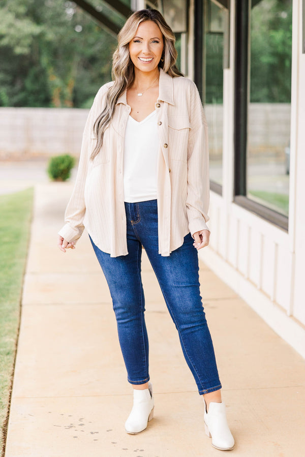 Chic Soul plus size clothing, taupe textured shacket with brown buttoned detailing and front pockets
