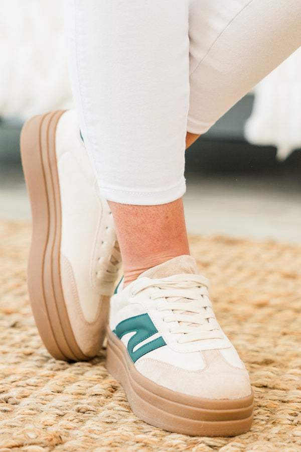 Chic Soul plus size clothing, beige three tiered platform sneakers with suede material and green detail on sides