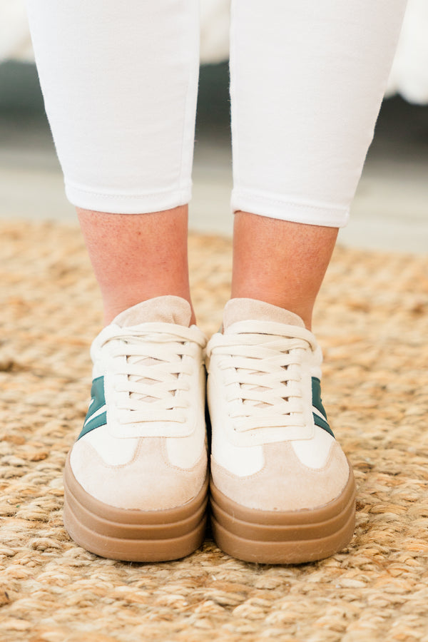 Chic Soul plus size clothing, beige three tiered platform sneakers with suede material and green detail on sides