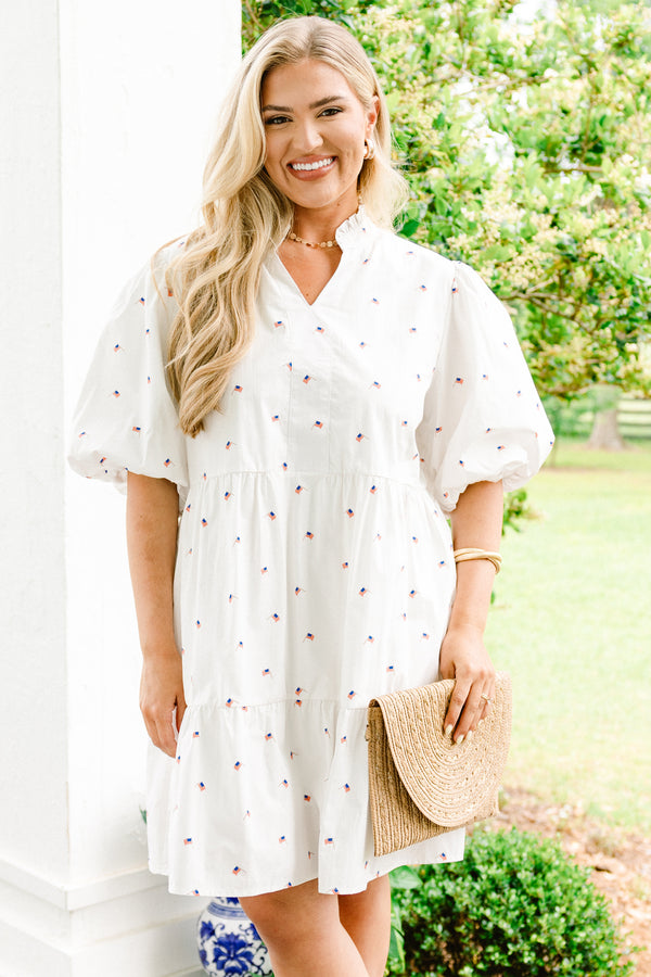 Chic Soul plus size clothing, white bubble sleeve babydoll dress with dainty American flag pattern