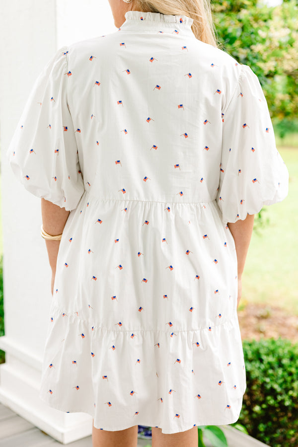 Chic Soul plus size clothing, white bubble sleeve babydoll dress with dainty American flag pattern