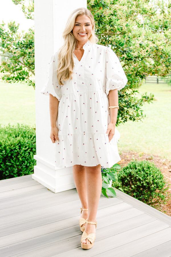 Chic Soul plus size clothing, white bubble sleeve babydoll dress with dainty American flag pattern