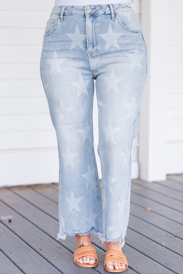 Chic Soul plus size clothing, mid-waisted light wash cropped straight leg jeans with faded star pattern and distressed detailing 