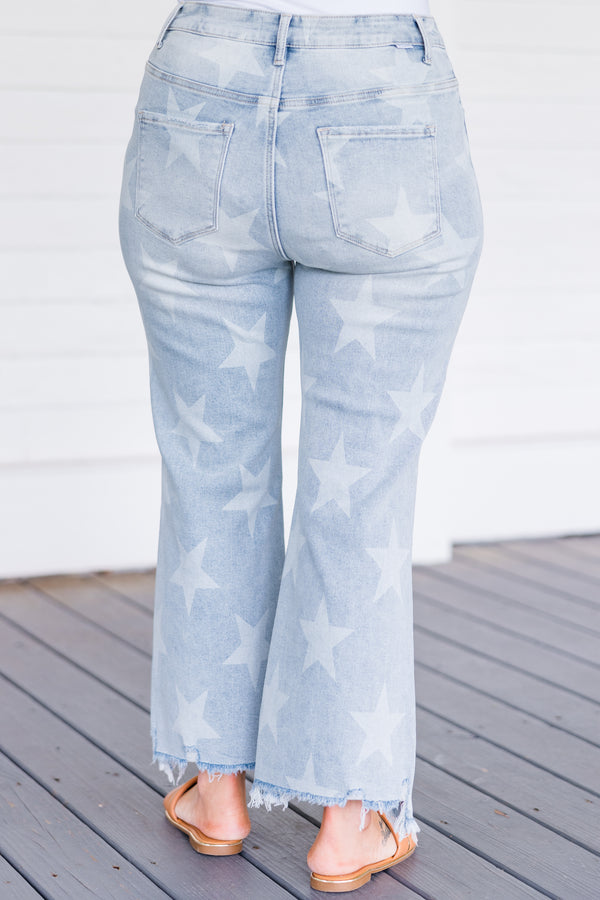 Chic Soul plus size clothing, mid-waisted light wash cropped straight leg jeans with faded star pattern and distressed detailing 