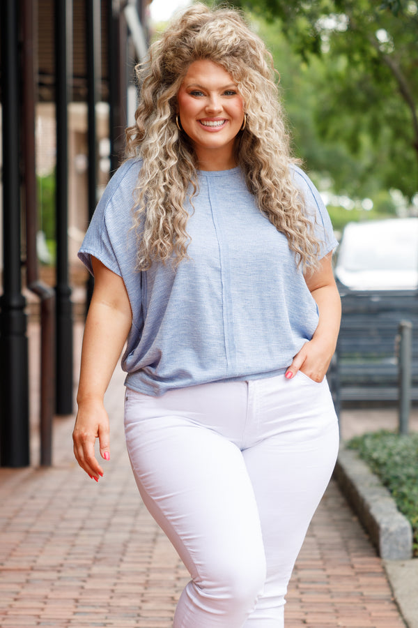 Chic Soul plus size clothing, blue knitted pattern top with exposed seams design