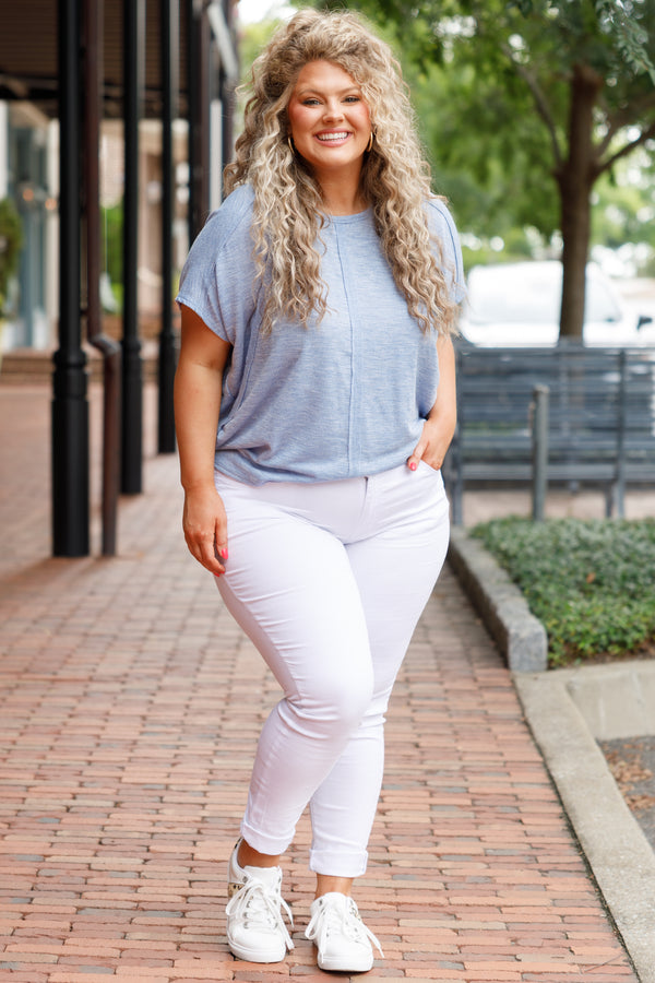 Chic Soul plus size clothing, blue knitted pattern top with exposed seams design