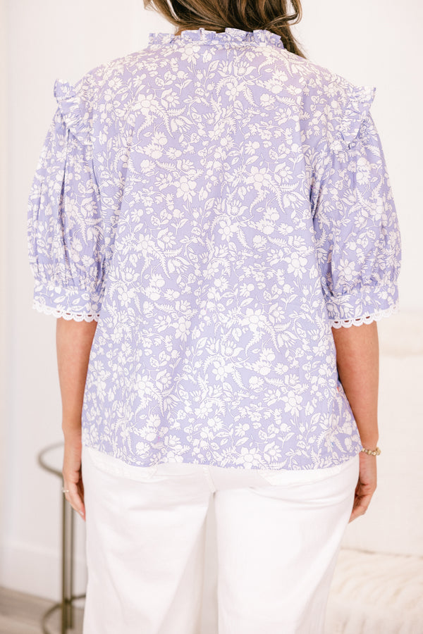 Chic soul plus size clothing, purple blouse with a white floral pattern and bubble sleeves 