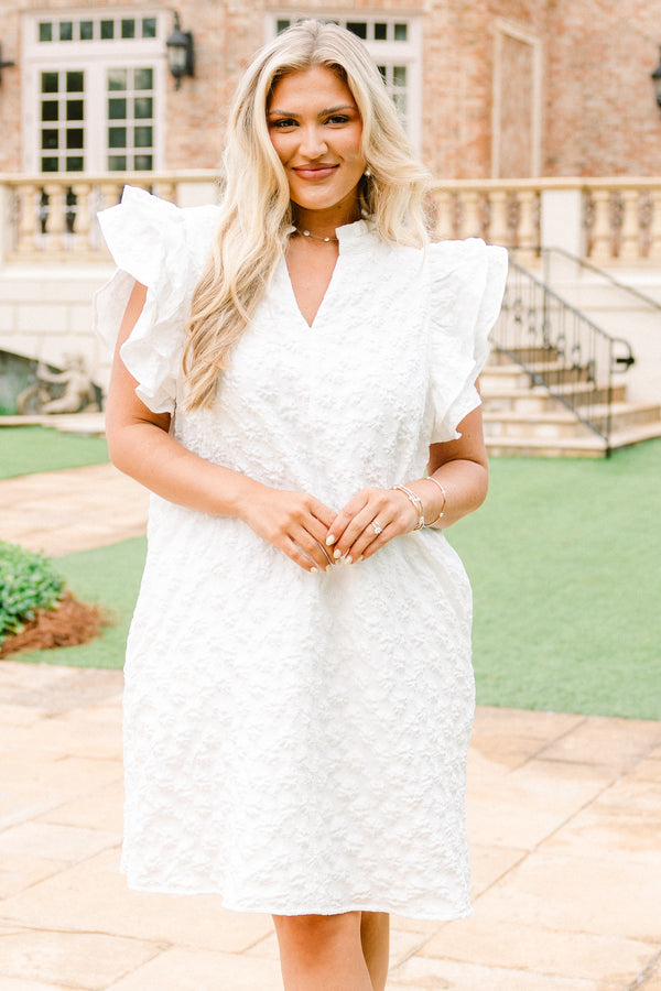 Chic Soul plus size clothing, white flutter sleeve short dress with stitched white pattern