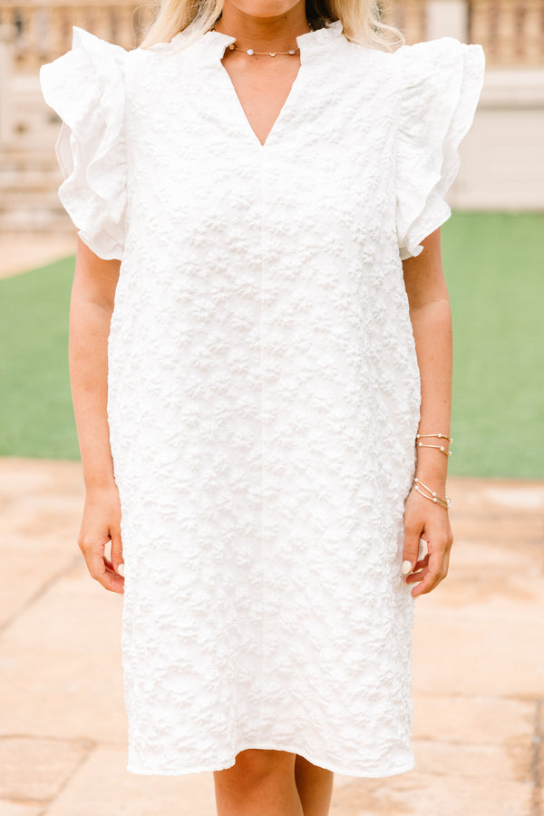 Chic Soul plus size clothing, white flutter sleeve short dress with stitched white pattern