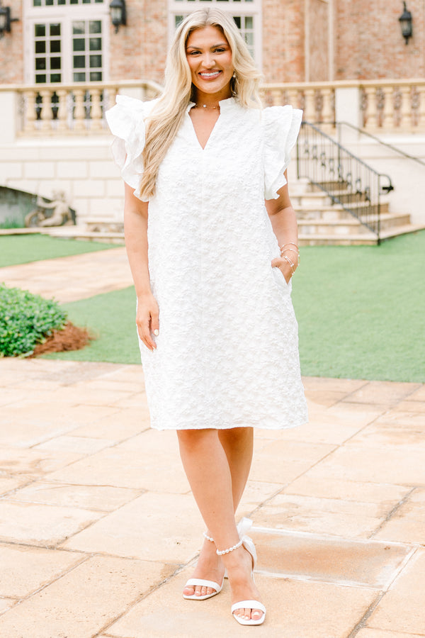 Chic Soul plus size clothing, white flutter sleeve short dress with stitched white pattern