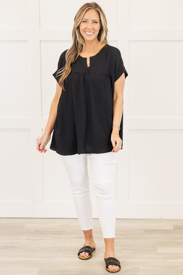 Chic Soul plus size clothing, simple black short sleeve gauze material top with v cutout along neckline with cuff sleeves