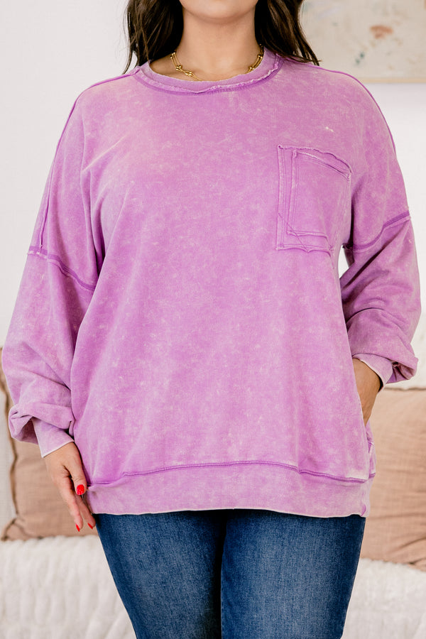 Chic Soul plus size clothing, bright violet acid wash long sleeve crewneck casual pullover top with front pocket