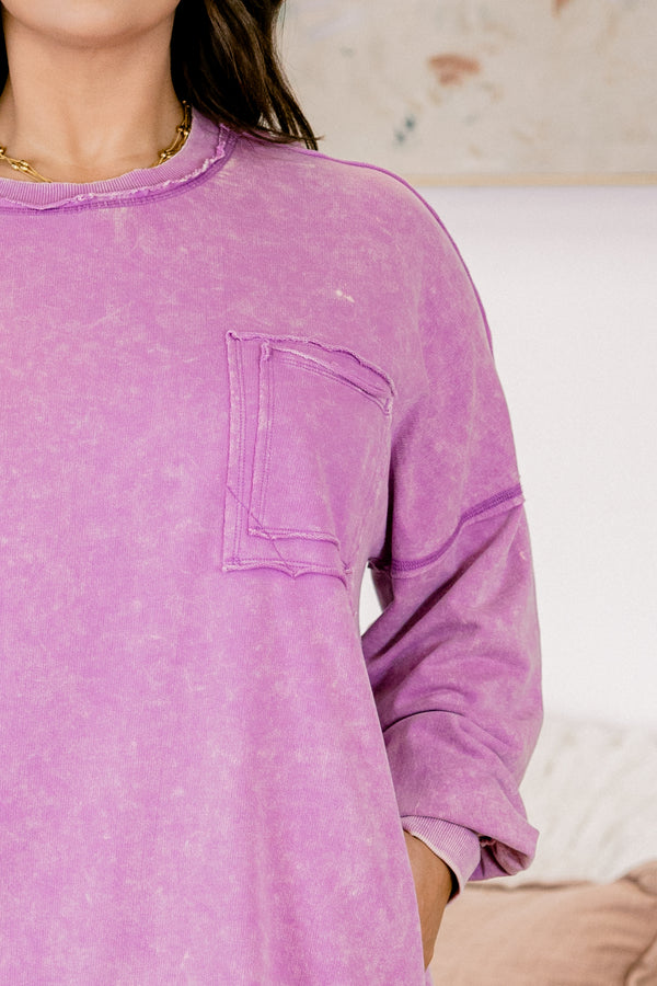 Chic Soul plus size clothing, bright violet acid wash long sleeve crewneck casual pullover top with front pocket