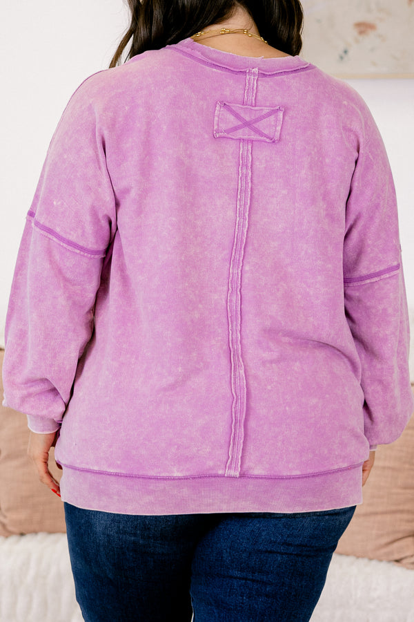 Chic Soul plus size clothing, bright violet acid wash long sleeve crewneck casual pullover top with front pocket