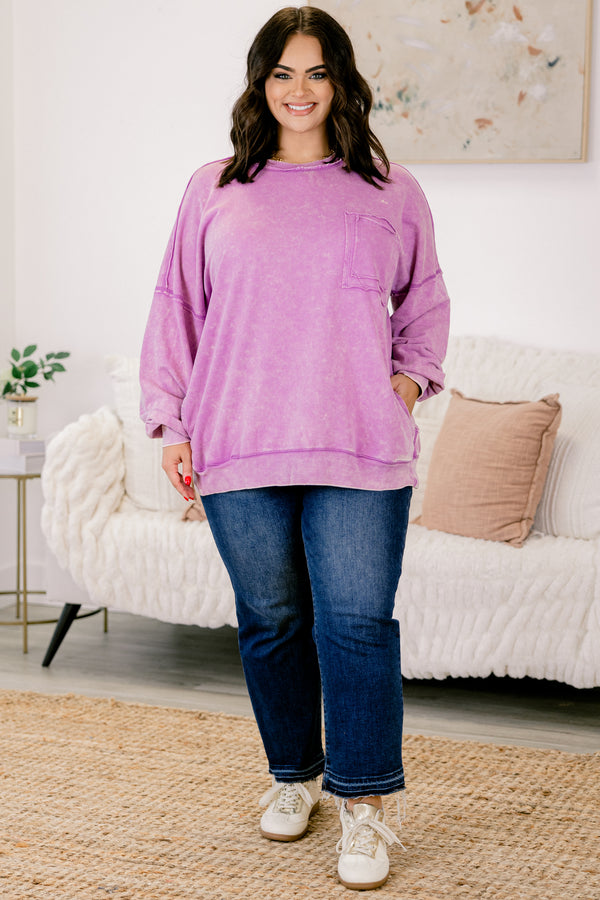 Chic Soul plus size clothing, bright violet acid wash long sleeve crewneck casual pullover top with front pocket