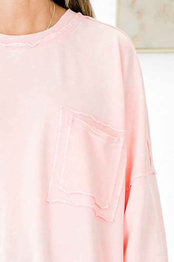 Chic Soul plus size clothing, baby pink long sleeve crewneck pullover top with front pocket