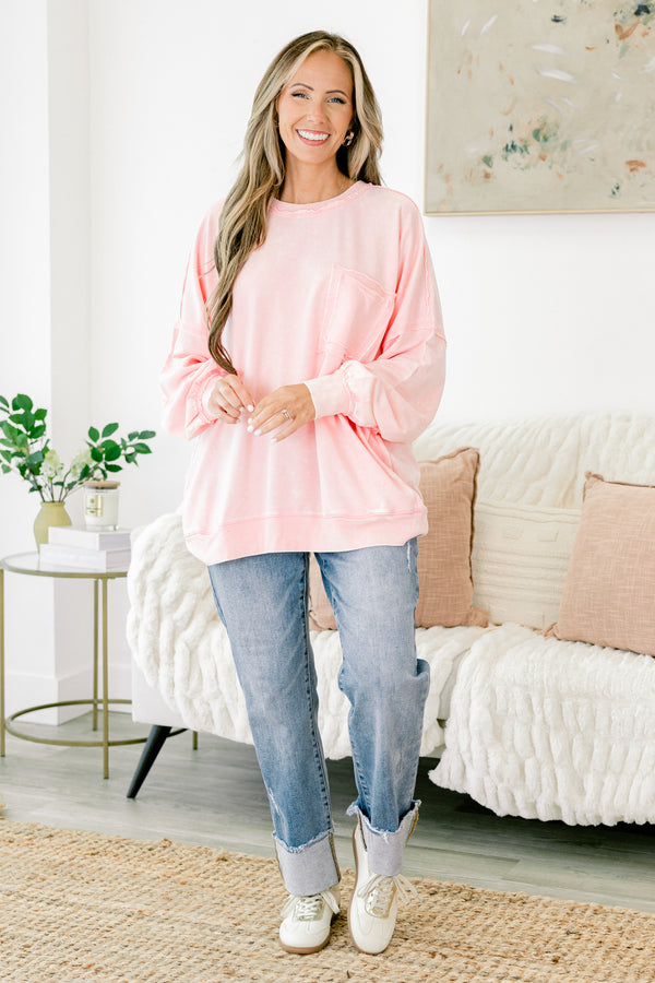 Chic Soul plus size clothing, baby pink long sleeve crewneck pullover top with front pocket