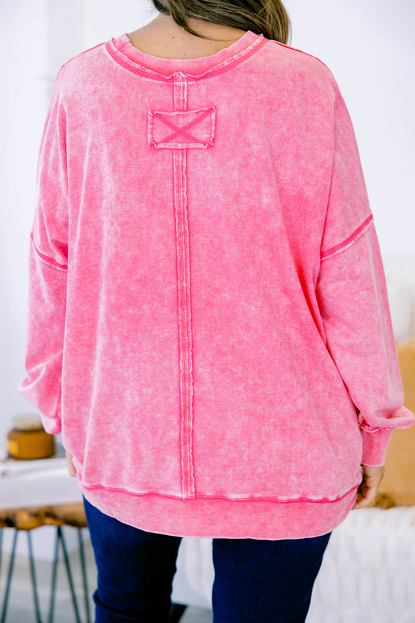 Chic Soul plus size clothing, fuchsia pink long sleeve crewneck pullover top with front pocket