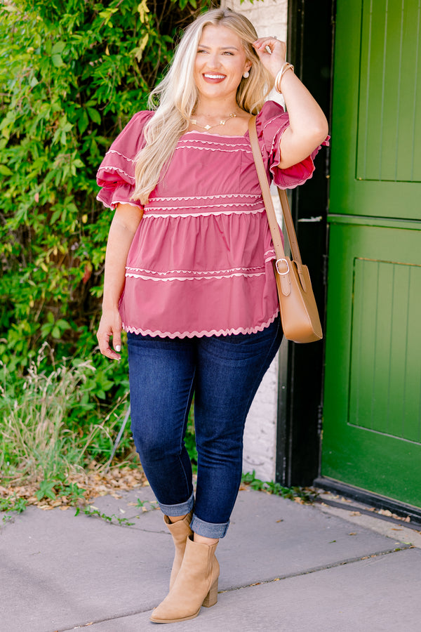 Chic Soul plus size clothing, Pink baby doll top with flutter sleeves and scallop details on each tier of the top sleeves and square neckline 